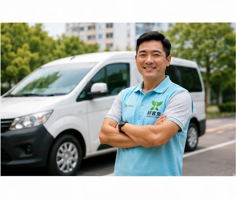 穿著好客來淺藍色制服、站在長照車輛前的高雄駕駛員形象照片