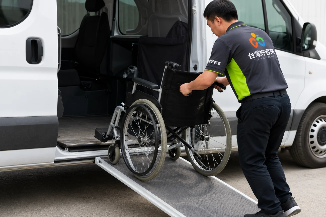 台灣好客來穿著黑色制服的駕駛員協助輪椅乘客上下車的形象照片