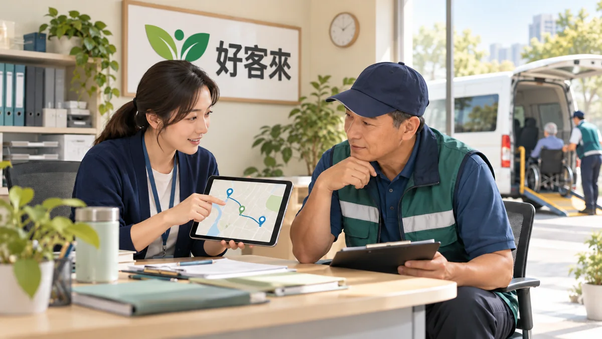 好客來標誌辦公室內,行政人員與駕駛員核對長照交通接送資訊的示意情境