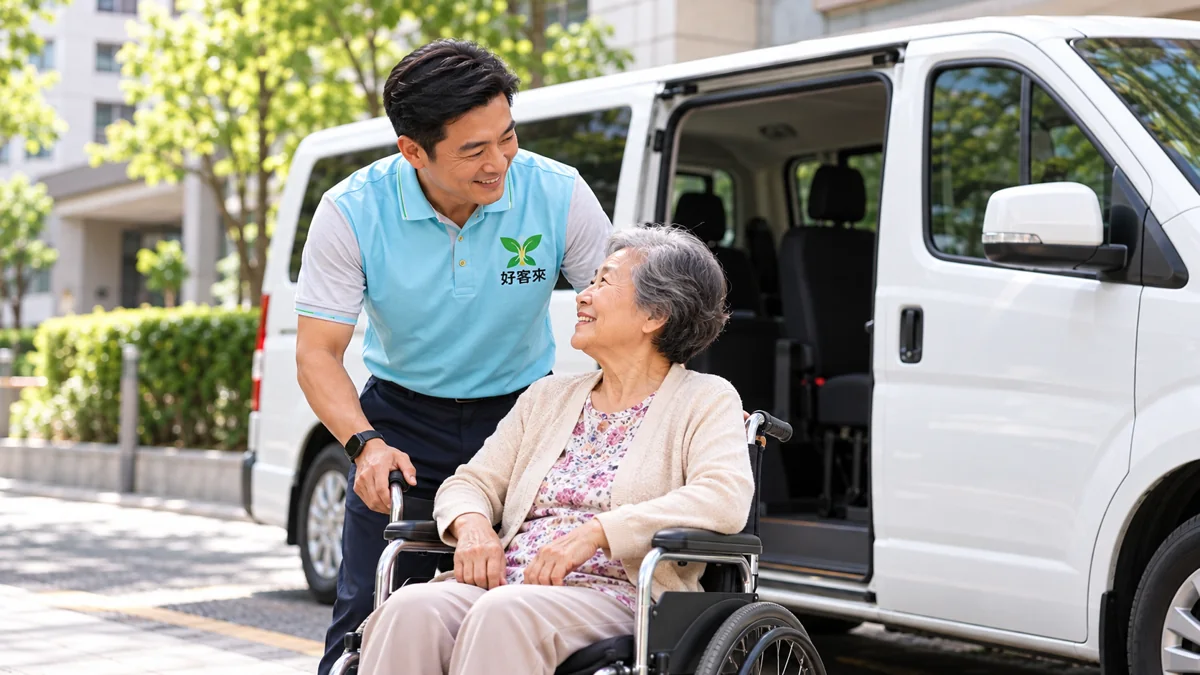 好客來制服駕駛員迎接坐輪椅的長輩搭乘長照交通車的示意情境